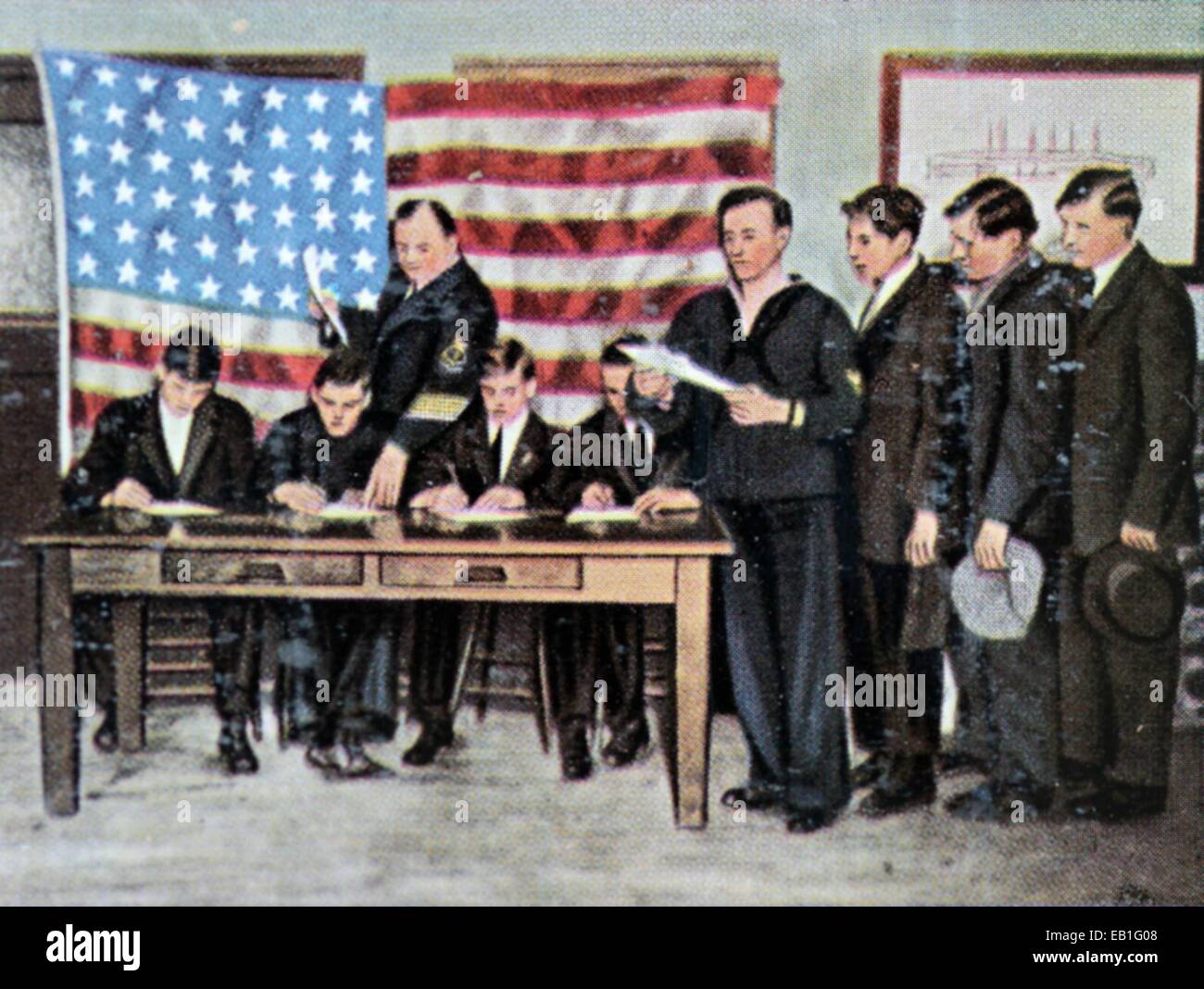 The contemporary colorized German propaganda photo shows young men being recruited in a recruitment office after the official declaration of war in New York City, USA, 06 April 1917. The USA only had a small professional army when it entered the war, therefore it had to recruit a powerful army in the shortest period of time. Photo: Neumann Archive - NO WIRE SERVICE Stock Photo