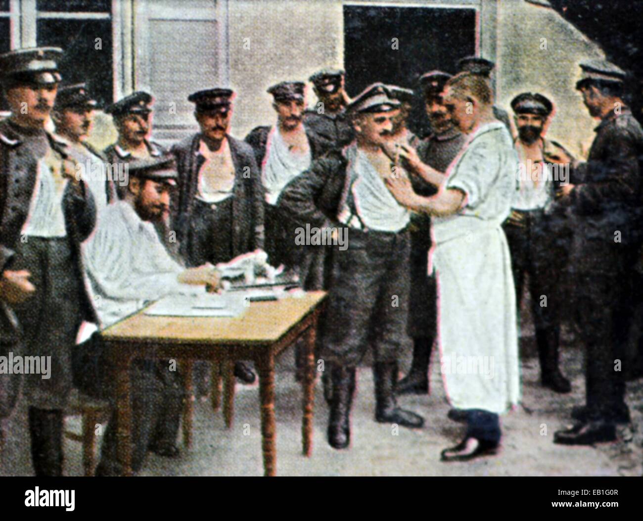 A contemporary German colorized propaganda photo shows German soldiers receiving vaccinations behind the front, date and location unknown (1914-1918). Photo: Neumann Archive - NO WIRE SERVICE Stock Photo