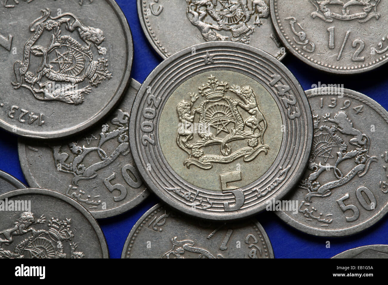 Coins of Morocco. Coat of arms of Morocco depicted in the Moroccan