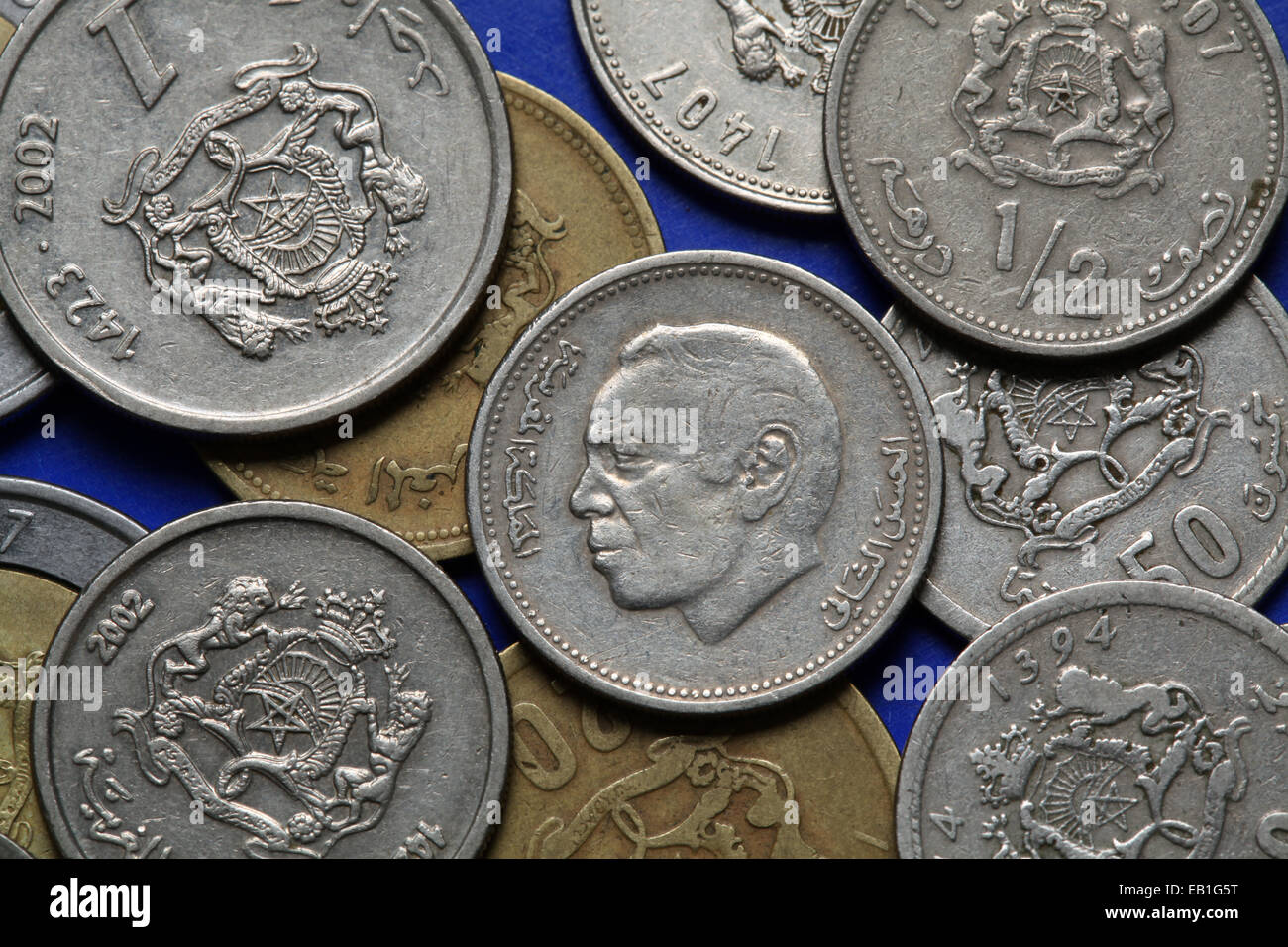 Coins of Morocco. King Hassan II of Morocco depicted in the Moroccan dirham coins. Stock Photo