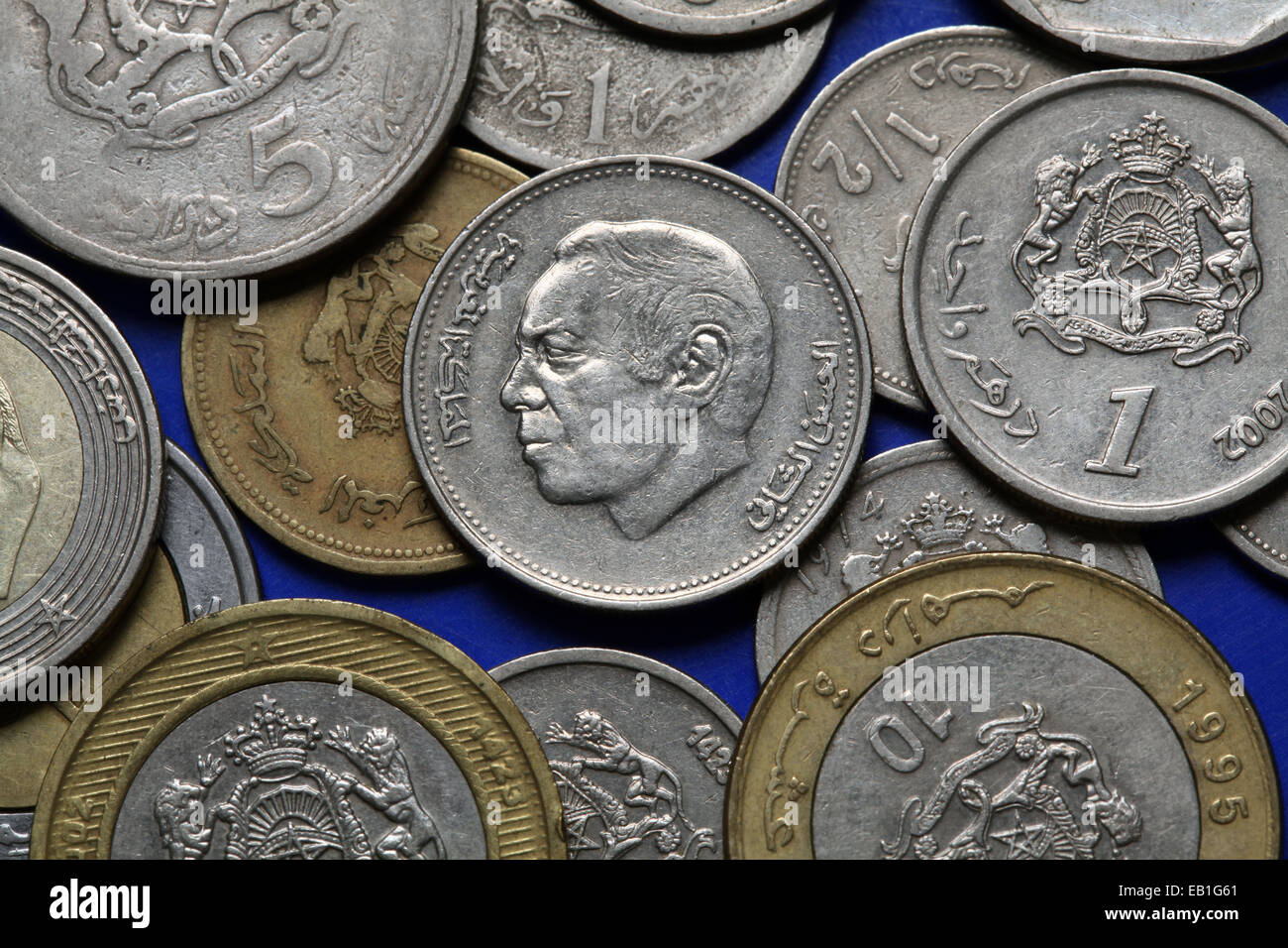 Coins of Morocco. King Hassan II of Morocco depicted in the Moroccan dirham coins Stock Photo