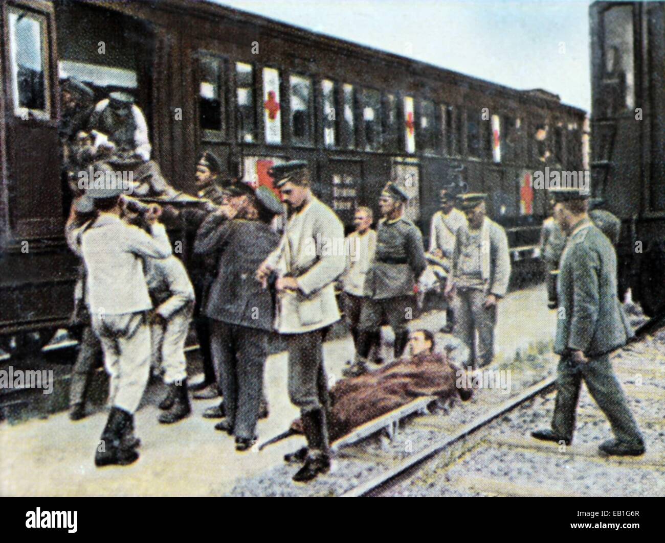 The contemporary colorized German propaganda photo shows the transport of wounded soldiers with the medical train on the Western Front in 1917. Photo: Neumann Archive - NO WIRE SERVICE Stock Photo