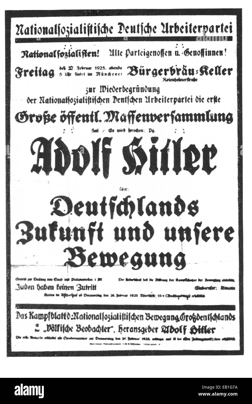 A militant brochure from the National Socialist Movement of Greater Germany and the Nazi newspaper 'Voelkische Beobachter,' published by Adolf Hitler reads: Call for grand public mass assembly with Adolf Hitler for the re-founding of the National Socialist German Workers' Party (NSDAP, Nazi Party) on 27 February 1925 at the Buergerbraeu-Keller in Munich. Fotoarchiv für Zeitgeschichtee - NO WIRE SERVICE Stock Photo