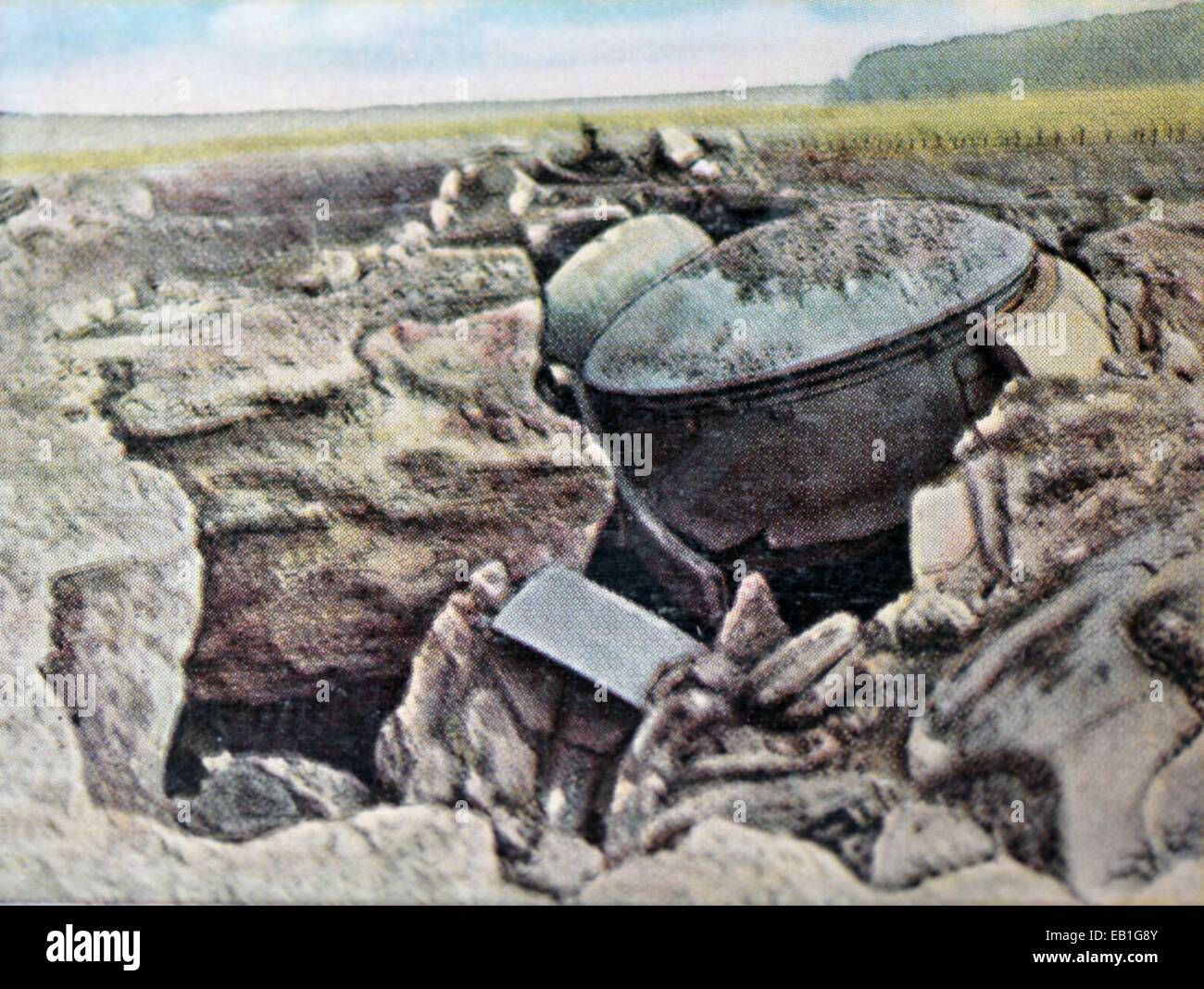 A contemporary German colorized propaganda photo shows destroyed sites at a fort after an attack by German troop with 42 cm morters (the 'Big Bertha') outside of Liege, Belgium, 1914. Photo: Neumann Archive - NO WIRE SERVICE Stock Photo