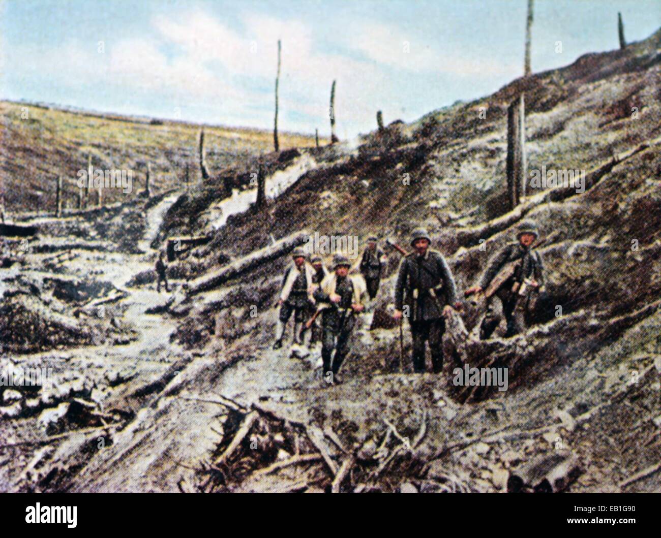 The contemporary colorized German propaganda photo shows German soldiers in the burned out Ornes ravine near Verdun, France, 1916. The battle of Verdun between the German Empire and France lasted from 21 February until 20 December 1916. It became a symbol of the tragic pointlessness of trench warfare for the Germans and French. Photo: Neumann Archive - NO WIRE SERVICE Stock Photo