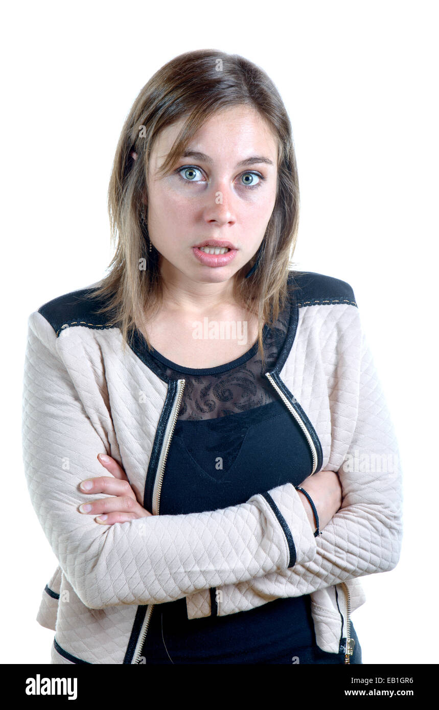 a pretty young woman angry on the white background Stock Photo