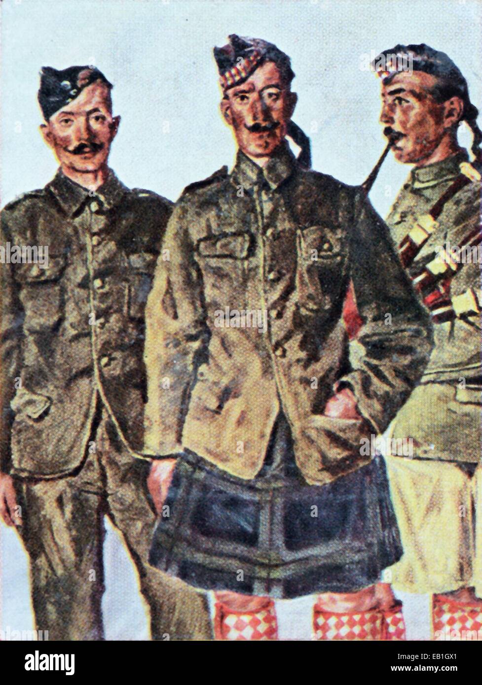 The contemporary colorized German propaganda photo shows a Scottish and Irish soldiers under the motto 'Our World War Opponents,' date and location unknown (1914-1918). Photo: Neumann Archive - NO WIRE SERVICE Stock Photo