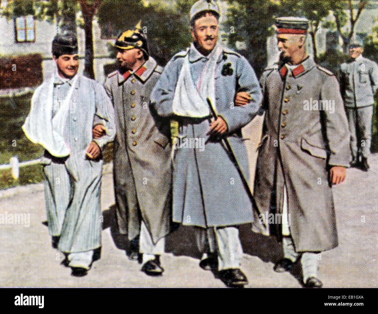 The contemporary colorized German propaganda photo shows injured German soldiers taking a walk in a military hospital in Germany, date and location unknown. Photo: Neumann Archive - NO WIRE SERVICE – Stock Photo