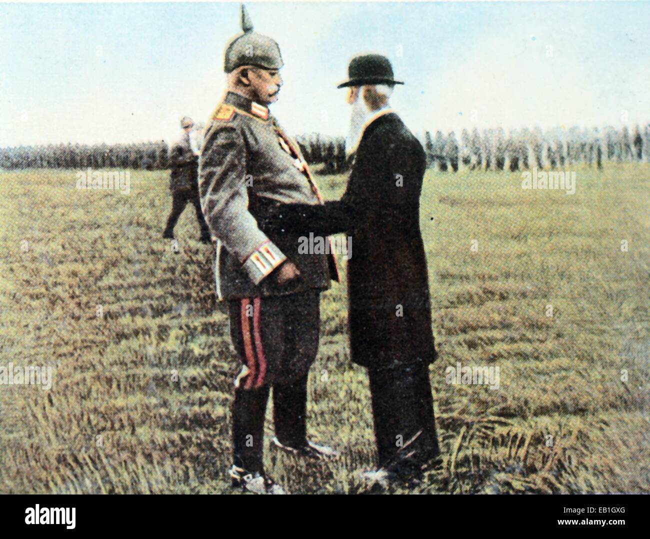 The contemporary colorized German propaganda photo shows Field Marshal and Chief of the General Staff Paul von Hindenburg (L) meeting his former company commander Major Franz von Seel during a visit of the 3rd Foot Guards in St. privat at the western front on 18 August 1918. Photo: Neumann Archive - NO WIRE SERVICE – Stock Photo