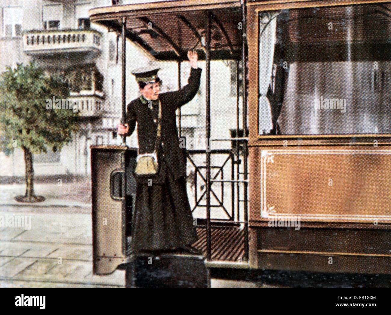 The contemporary colorized German propaganda photo shows a woman doing her job as streetcar conductor, a job, that before the war was reserved for men, date and location unknown (1914-1918). Photo: Neumann Archive - NO WIRE SERVICE – Stock Photo