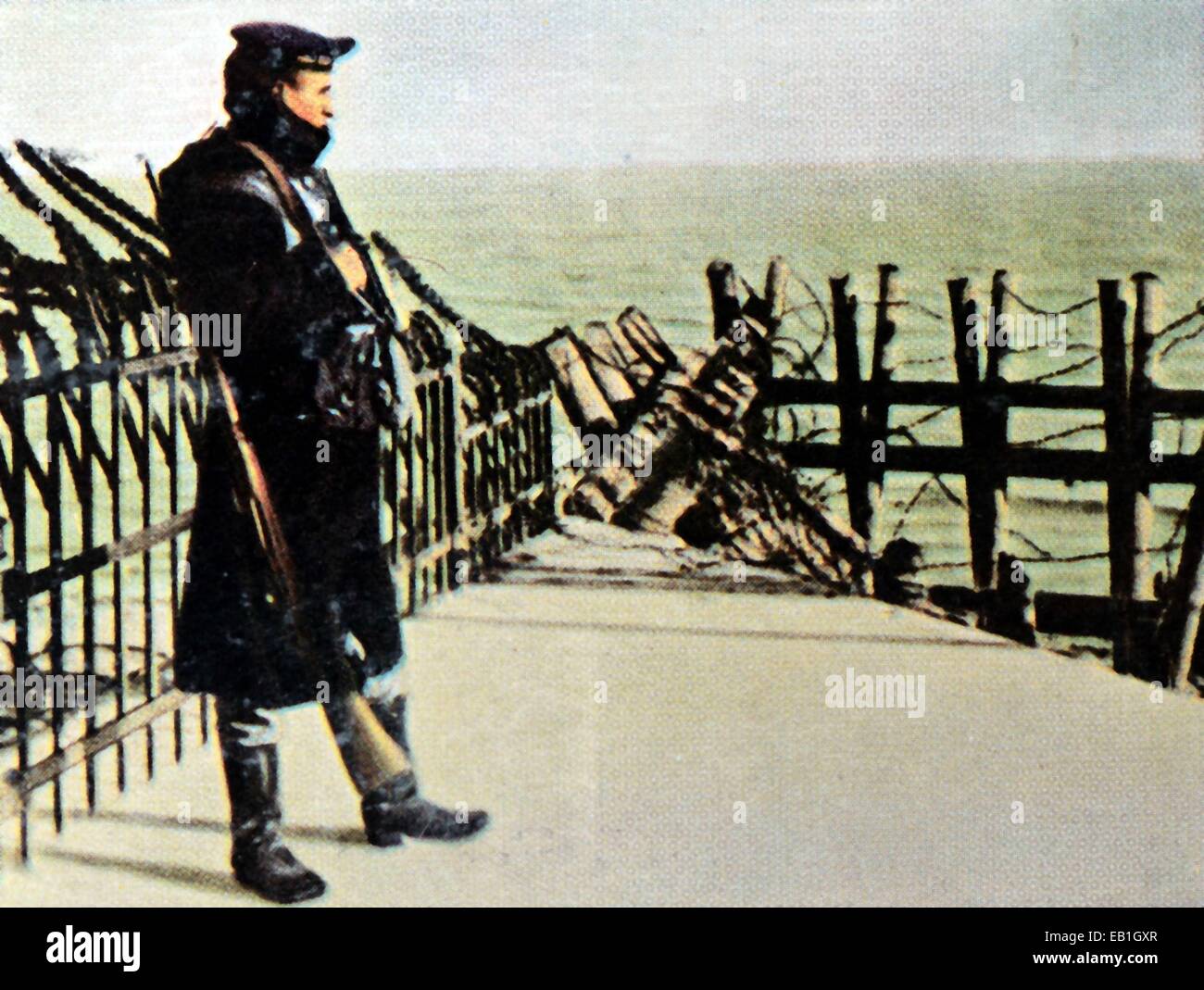 The contemporary colorized German propaganda photo shows a German oldier on guard on Heligoland, date unknown (1914-1918). Photo: Neumann Archive - NO WIRE SERVICE – Stock Photo