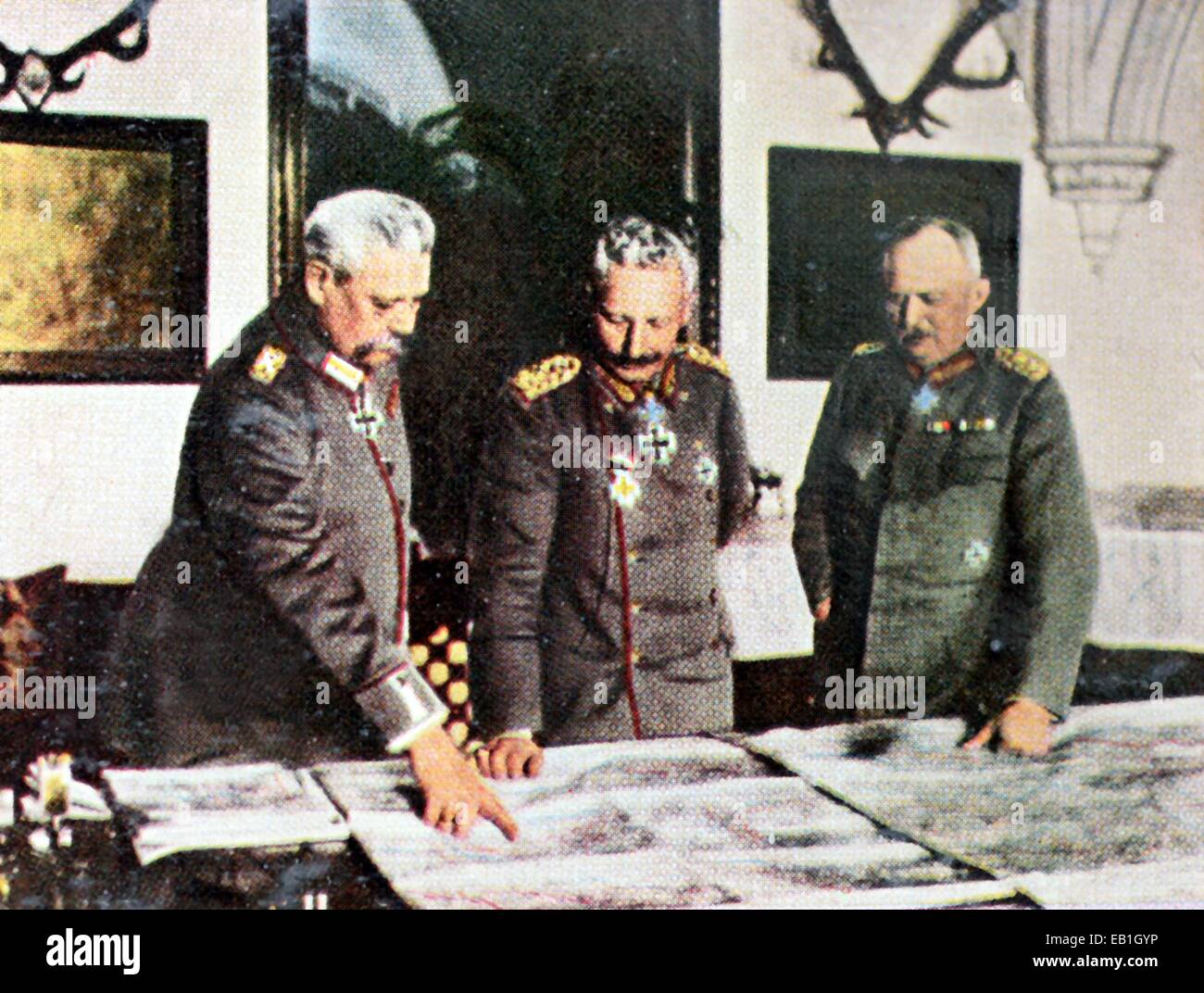 The contemporary colorized German propaganda photo shows the German Supreme Army Command (OHL) during a briefing in the OHL's headquarters  (in Bad Kreuznach?) in 1917: Chief of the General Staff Paul von Hindenburg (L), Emperor Wilhelm II (C) and Quartermaster general Erich Ludendorff. Photo: Neumann Archive - NO WIRE SERVICE – Stock Photo