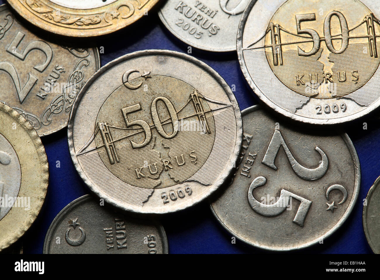 Coins of Turkey. Bosphorus Bridge over the Bosphorus strait in Istanbul depicted in the Turkish 50 kurus coin. Stock Photo