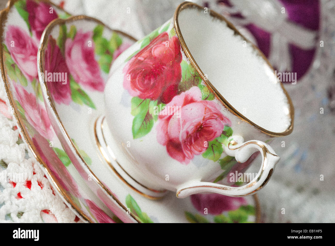 Vintage teacup, pink, flowers, lace, teatime Stock Photo Alamy