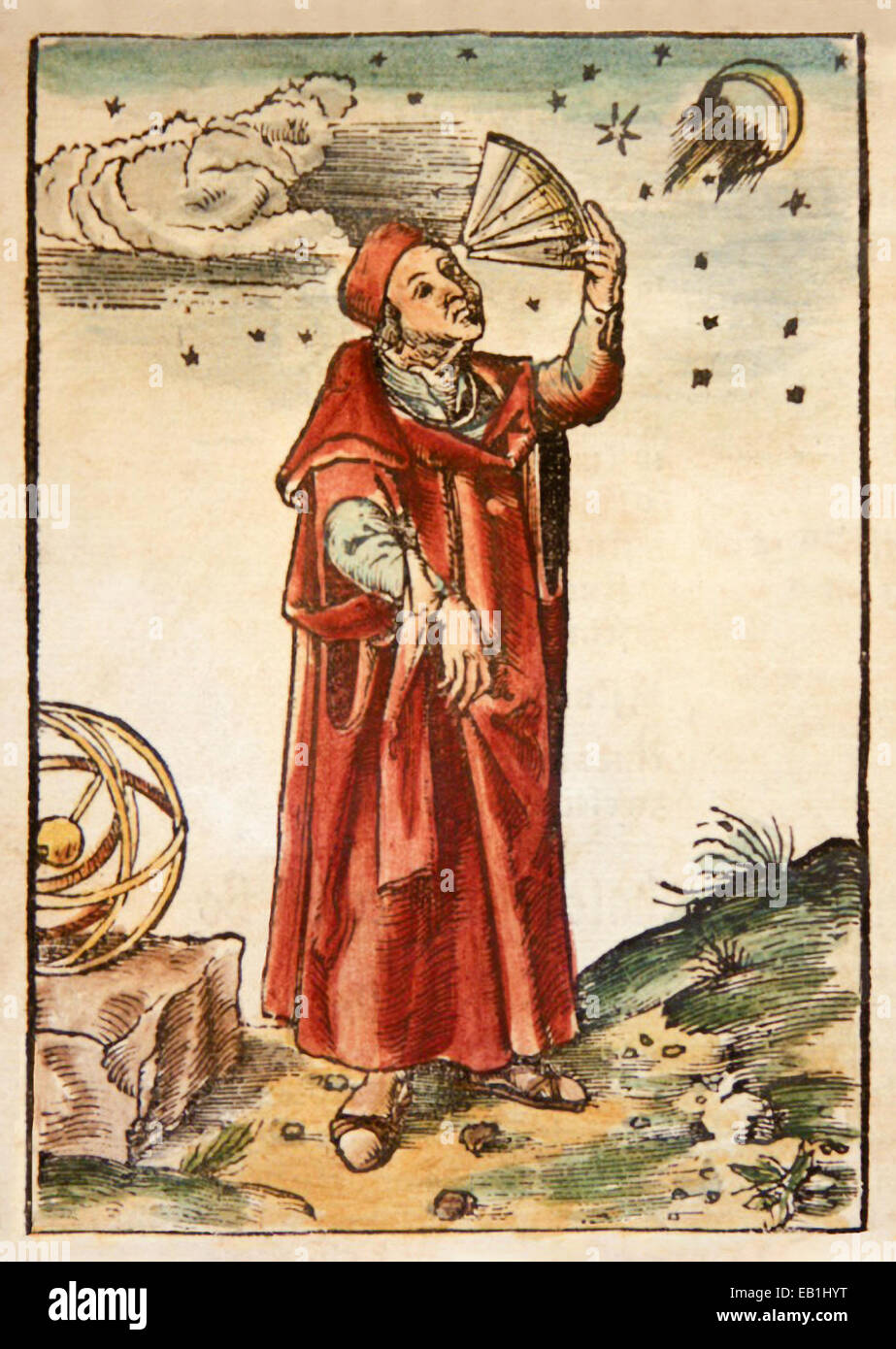 Woodcut portrait of Claudius Ptolemy (90-168AD), hand coloured from hand coloured edition of 'Cosmographia' by Sebastian Münster (first published 1544). This image from a later Latin edition published in 1552. Stock Photo