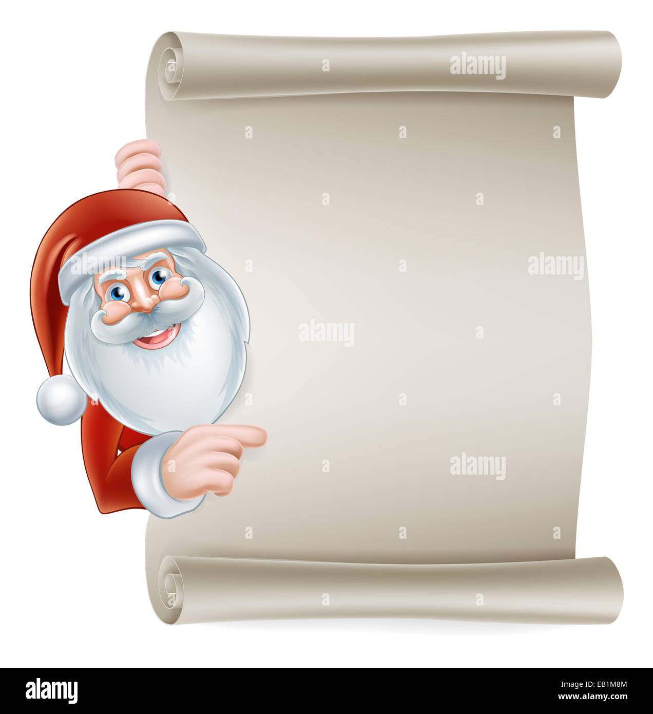 Cartoon Christmas Santa scroll sign of Santa Claus pointing at a scroll ...