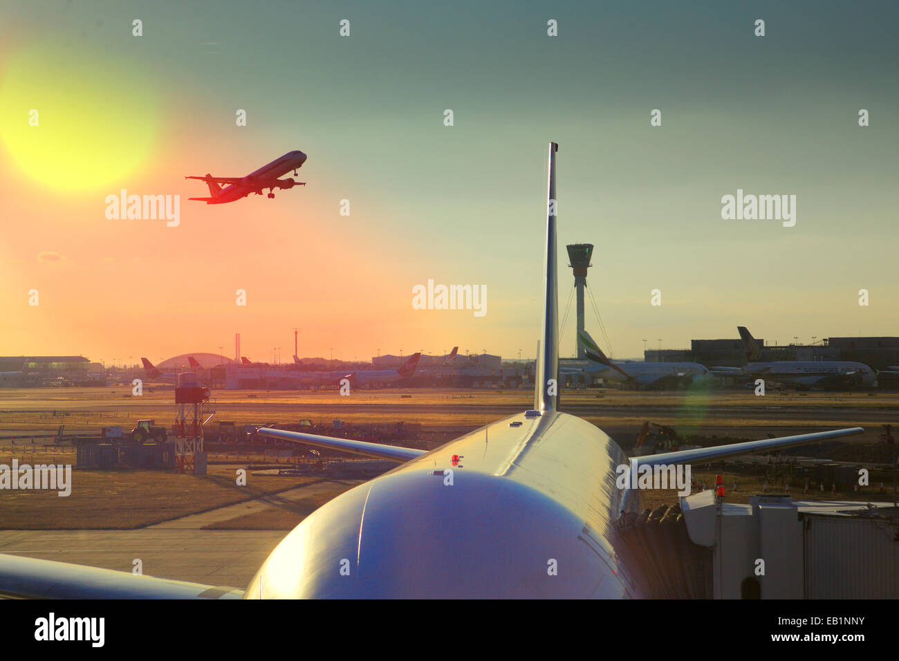 An  Alitalia jet taking off at Heathrow airport, London Stock Photo