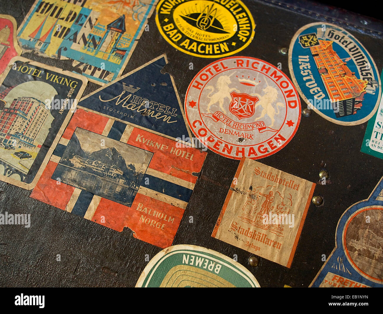 Travel trunk stickers at the Musee du bagage Haguenau France Stock Photo
