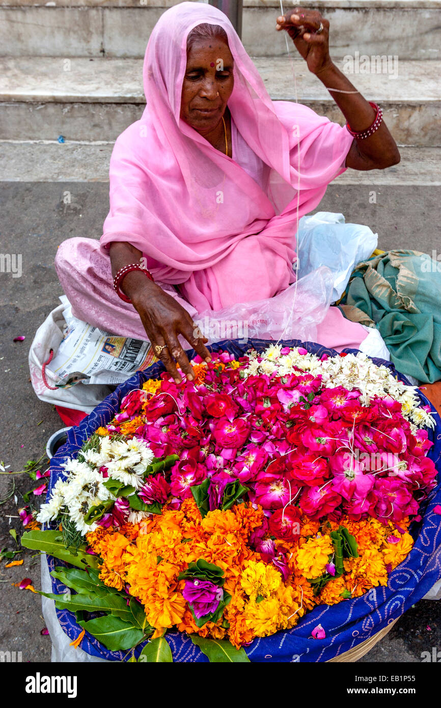 Flower Seller, Shree Jagdish Temple, Udaipur, Rajasthan, India Stock