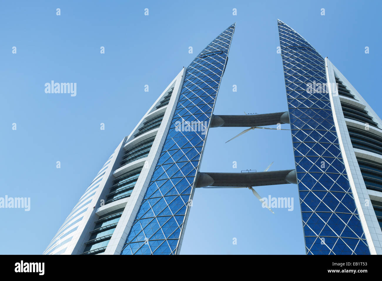 Manama, Bahrain - November 21, 2014: Bahrain World Trade Center complex, first skyscraper in the world with integrated wind turb Stock Photo
