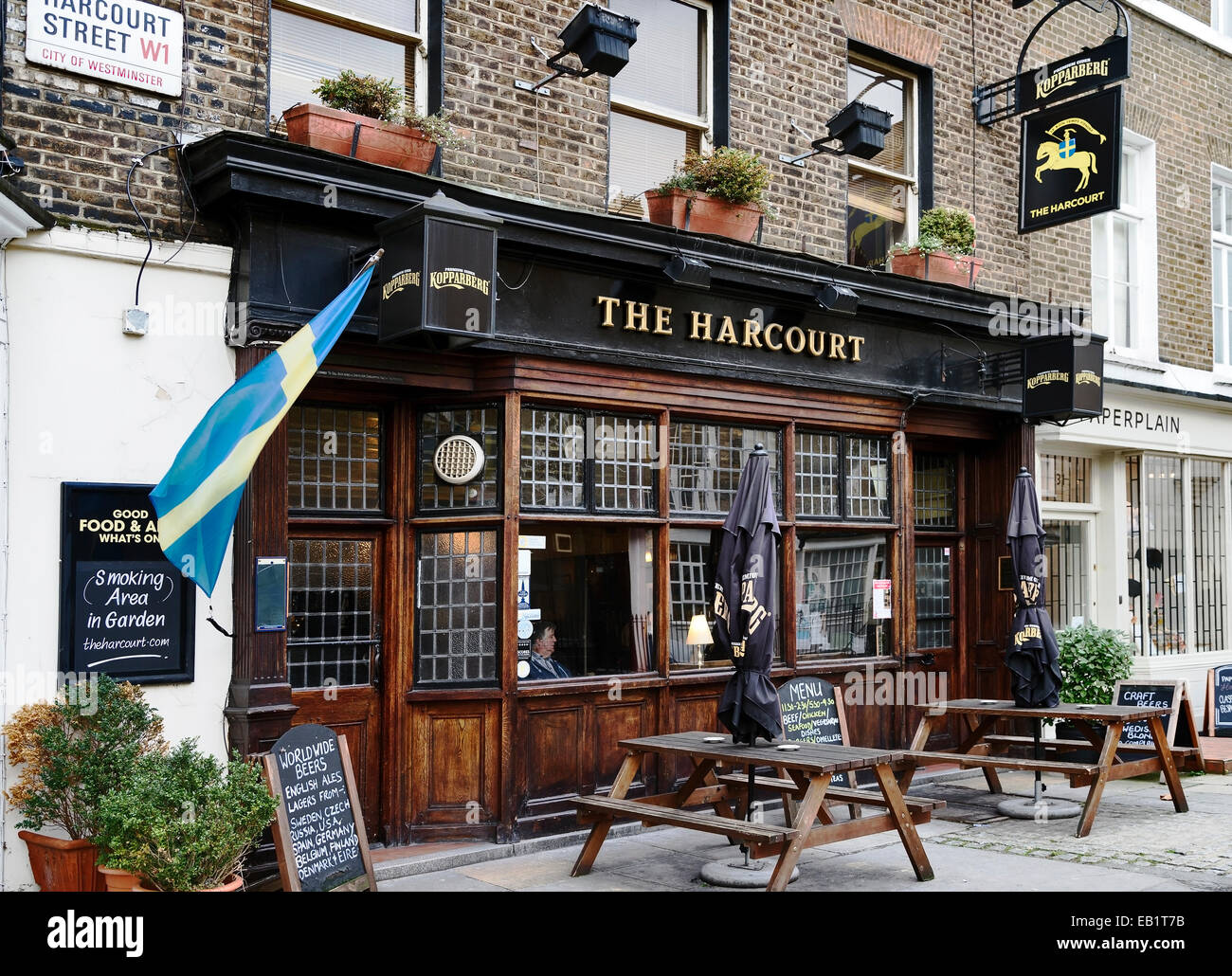 The Harcourt Pub; with Swedish Flag; Harcourt Street; London; England