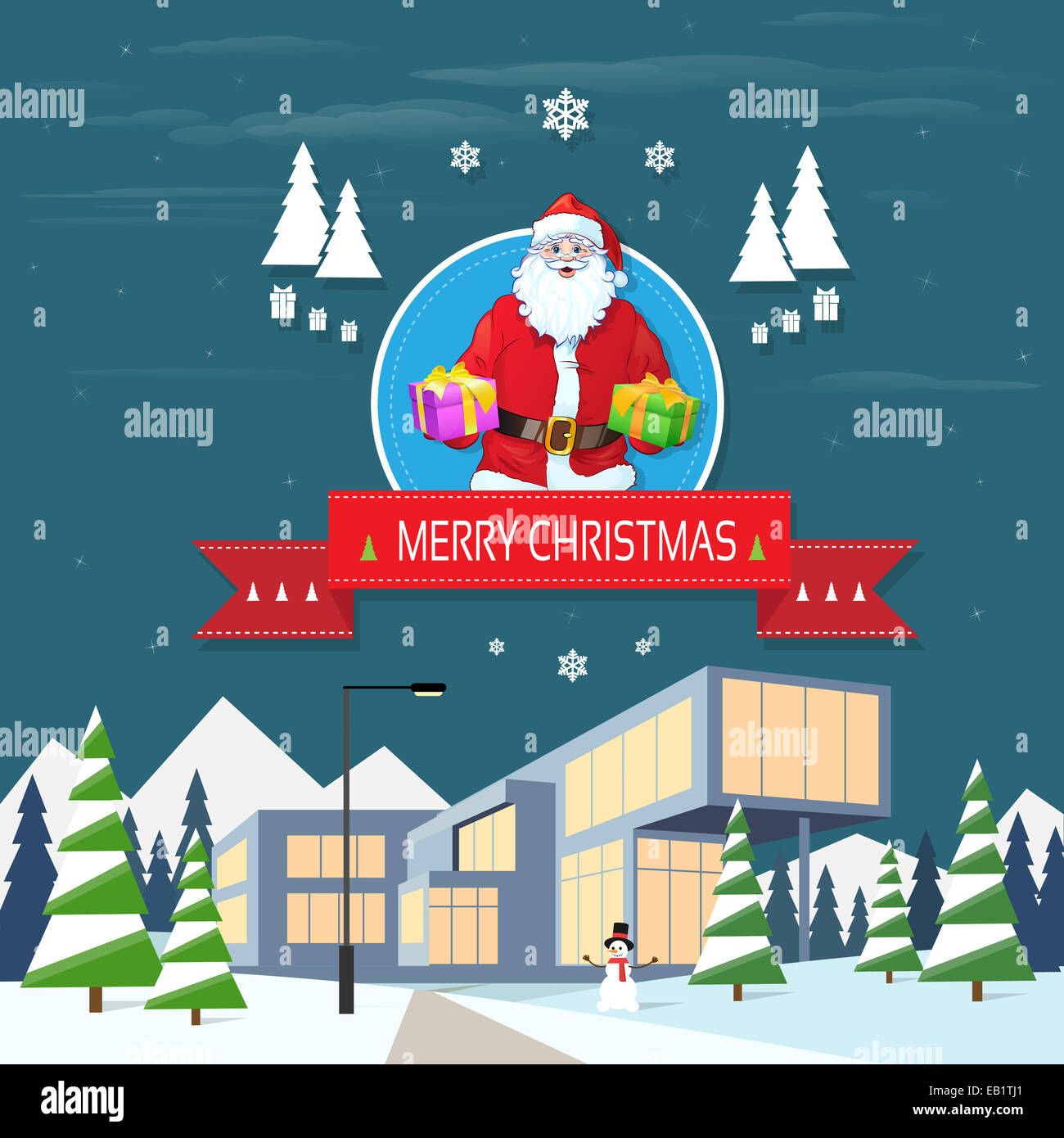 Santa claus on christmas greeting card holding gift box Stock Photo - Alamy