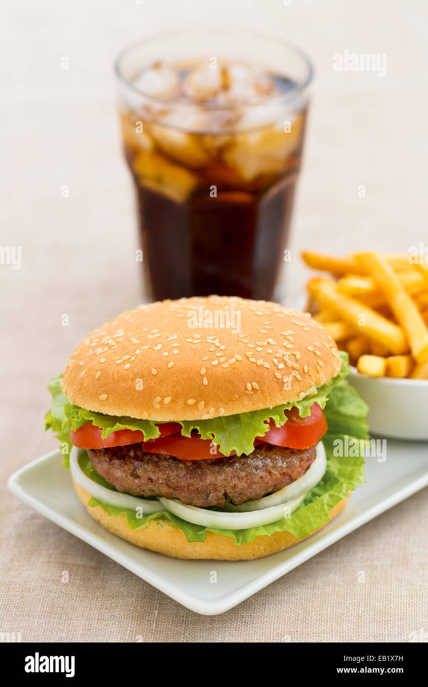 Sandwitch, meat, salad, burger, drink, ice, soda Stock Photo