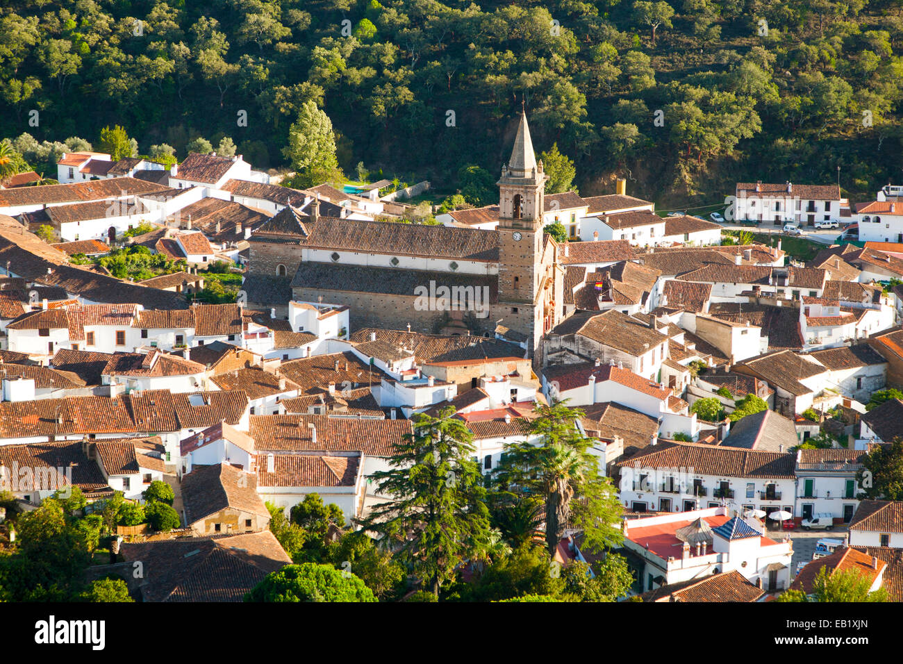 Overhead oblique angle view of village of Alajar, Sierra de Aracena, Huelva province, Spain Stock Photo