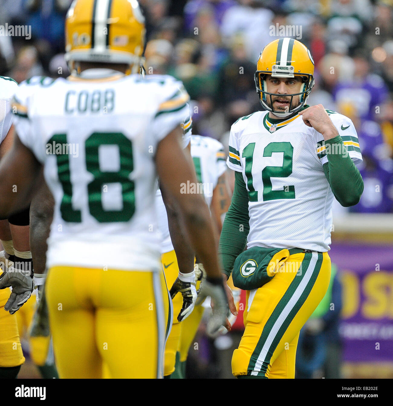 Nov 23, 2014; Minneapolis, MN, USA; Minnesota Vikings defensive end Brian  Robison (96) sacks Green Bay Packers quarterback Aaron Rodgers (12) in the  third quarter at TCF Bank Stadium. The Green Ba …