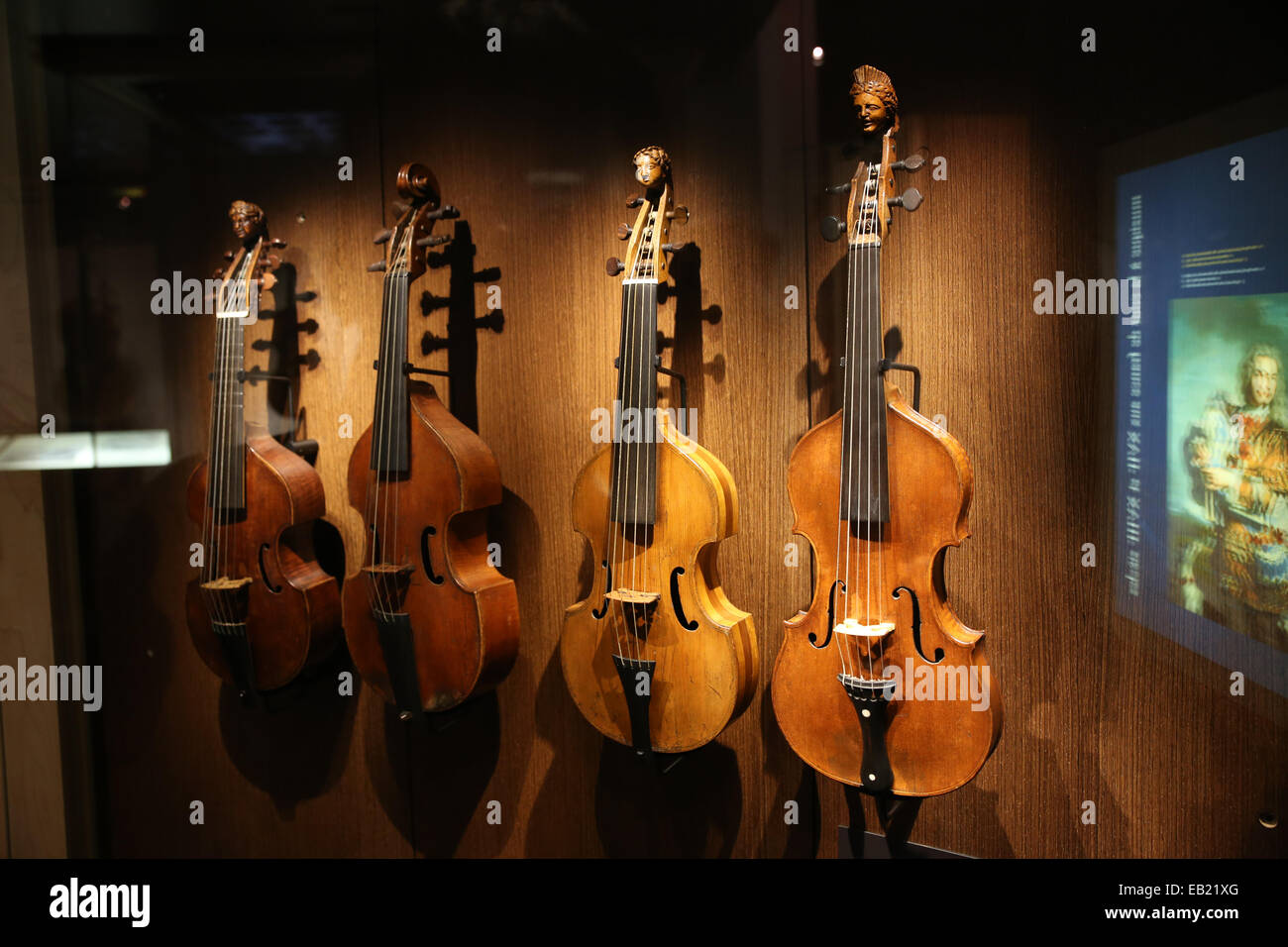 various violins display inside museum Stock Photo