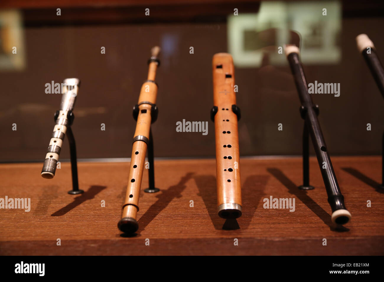 wooden flutes inside musical instrument Stock Photo