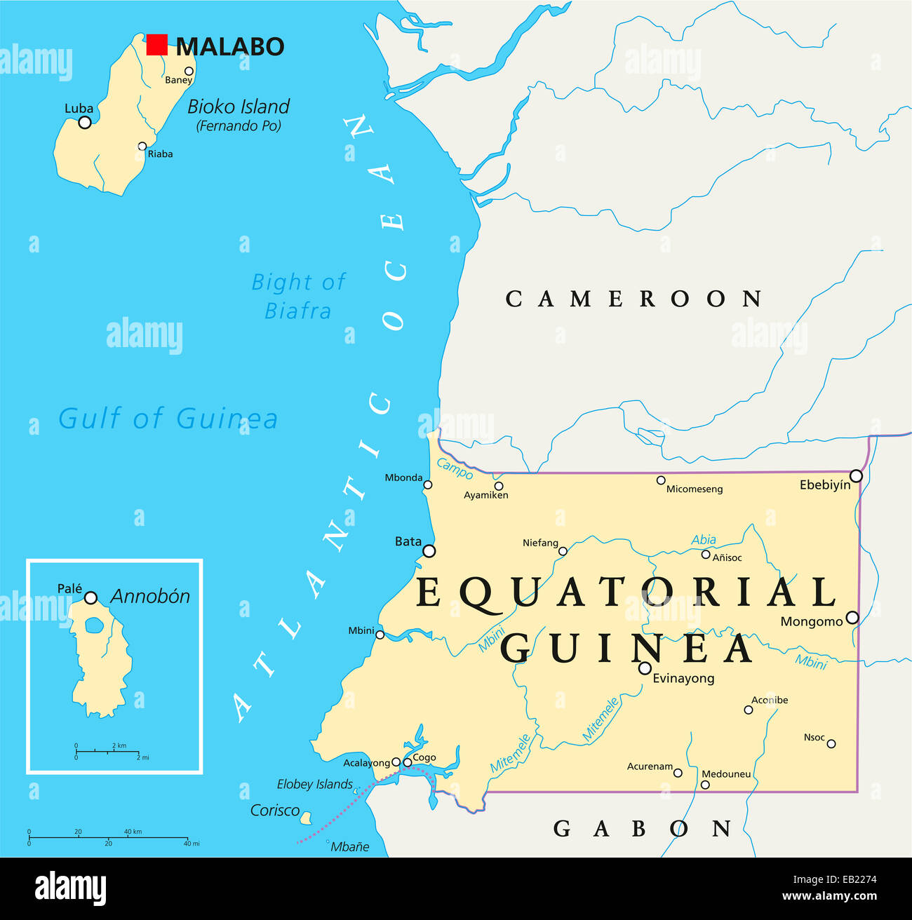Equatorial Guinea Political Map with capital Malabo, national borders, important cities and rivers. English labeling and scaling Stock Photo