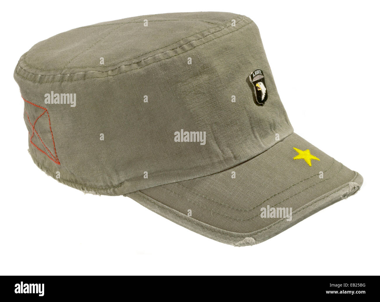 Olive Green Military Style Hat With Stitched Yellow Star And American Eagle  Pin Stock Photo - Alamy