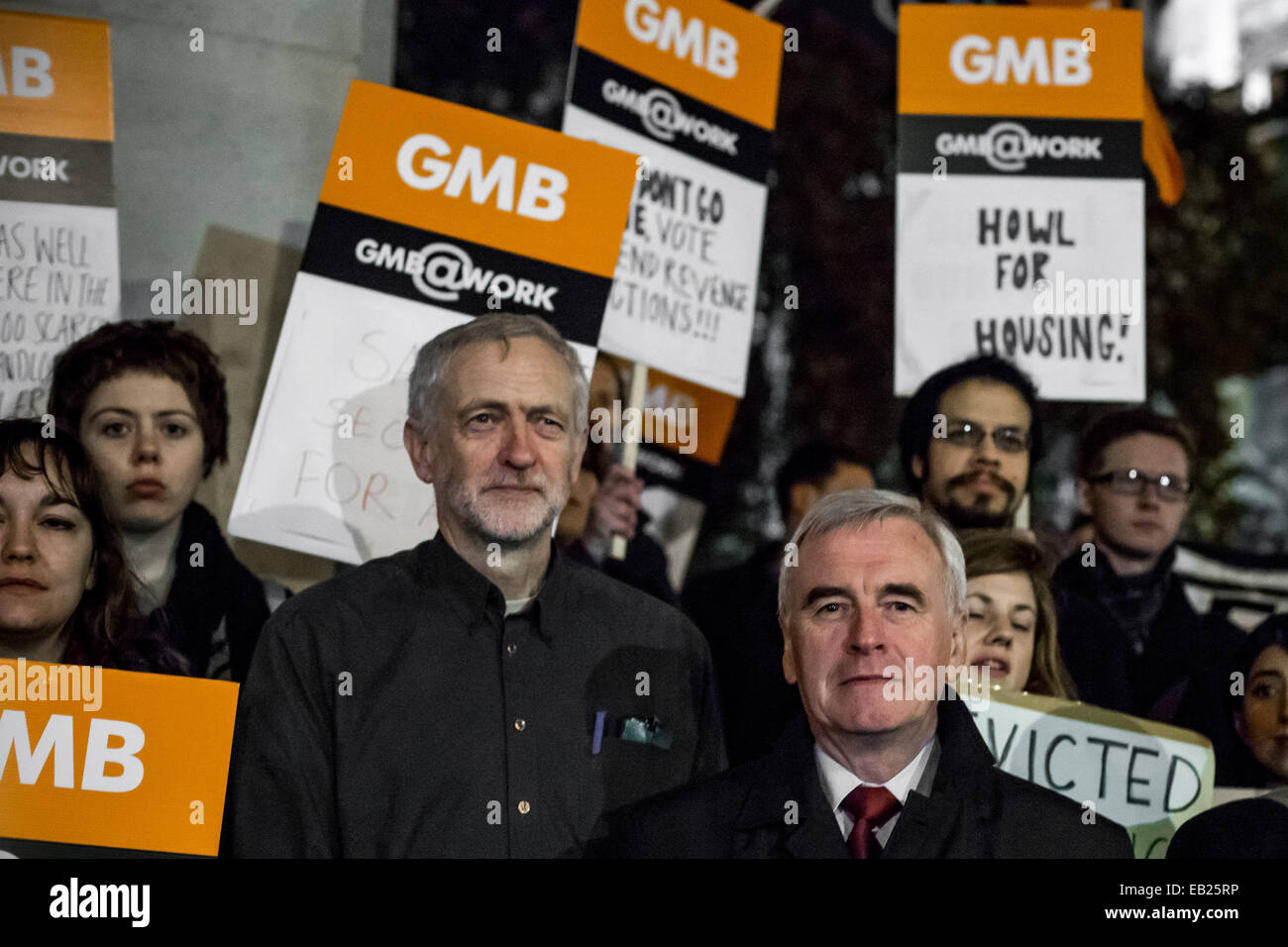 London, UK. 24th Nov, 2014. MPs Jeremy Corbyn (L) and John Mcdonnell (R) at ‘End Revenge Evictions’ protest in Westminster © Guy Corbishley/Alamy Live News Stock Photo