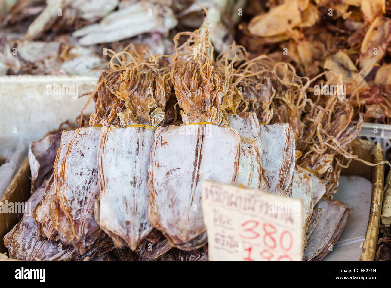 dried seafood on sale in a thai street market in Bangkok, Thailand Stock Photo