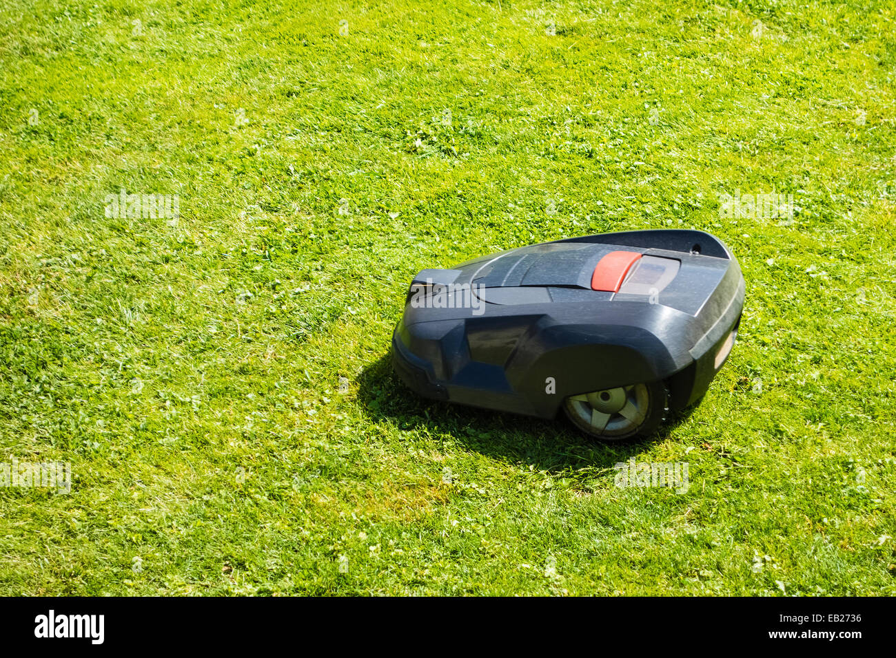 a robotic lawn mower working on a green grass field Stock Photo