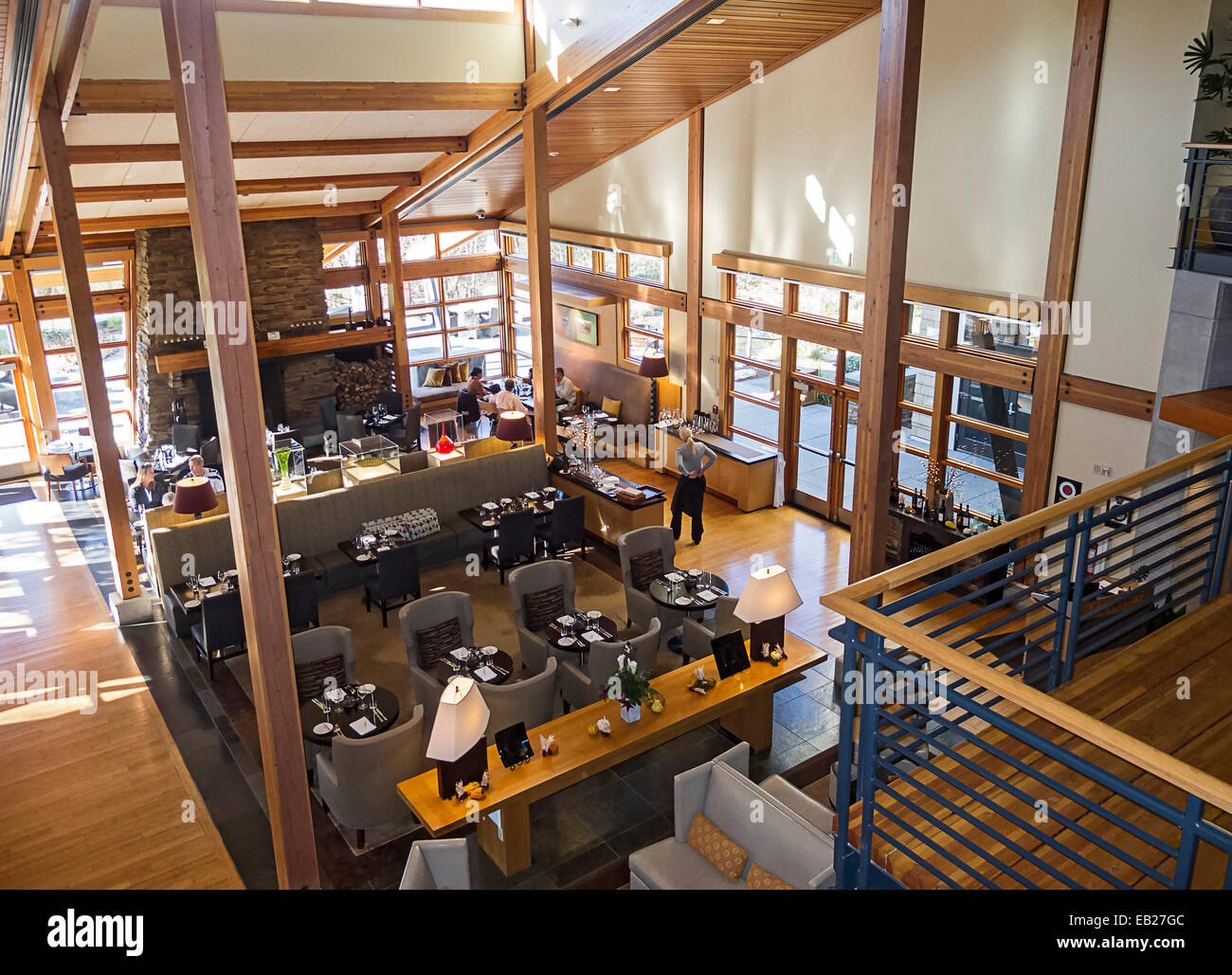 Cedarbrook Lodge. Cozy Copperleaf restaurant is below the lobby Stock