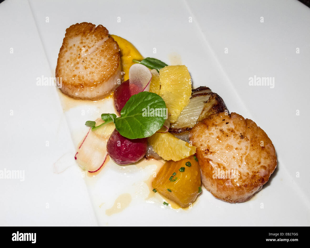 Dinner at Cedarbrook Lodge Copperleaf Restaurant. caramelized scallops Stock Photo