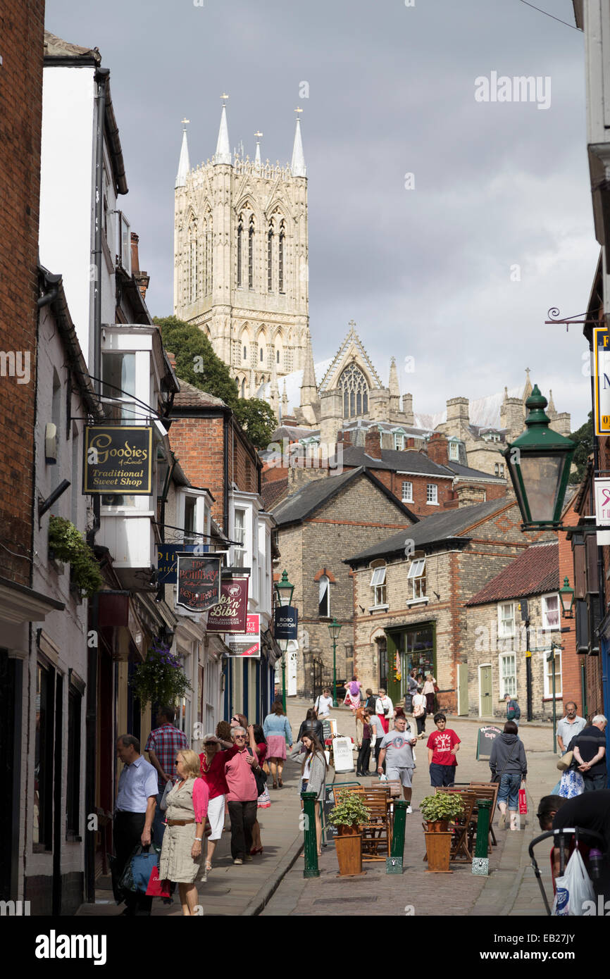 UK, Lincoln, view up Steep Hill toward the cathedral. Stock Photo