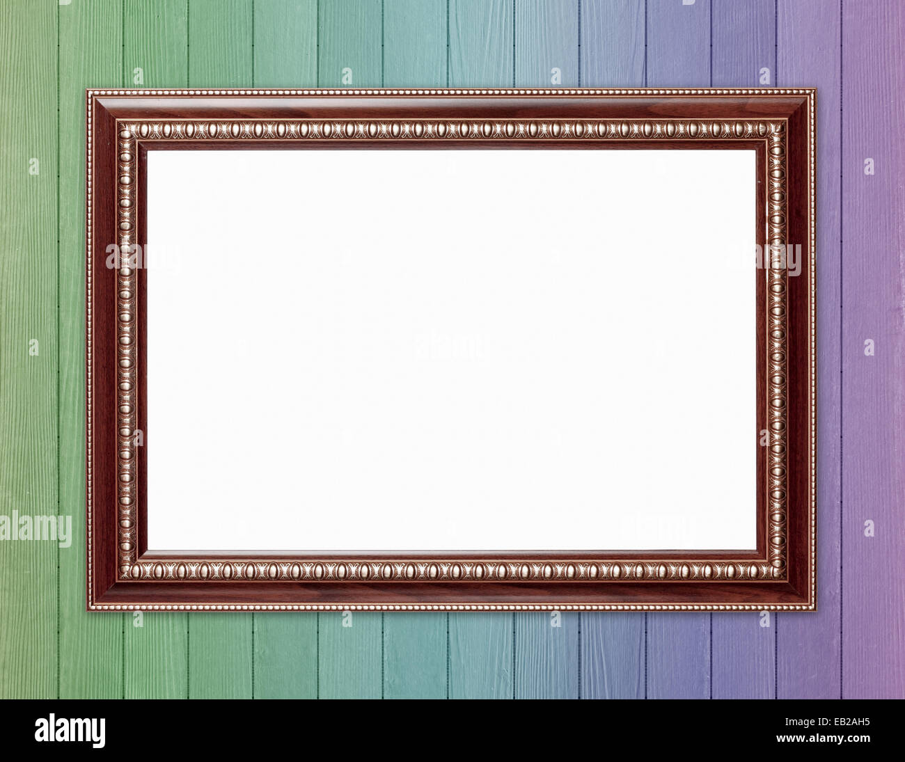 blank wood frame on colorful wood wall background Stock Photo - Alamy