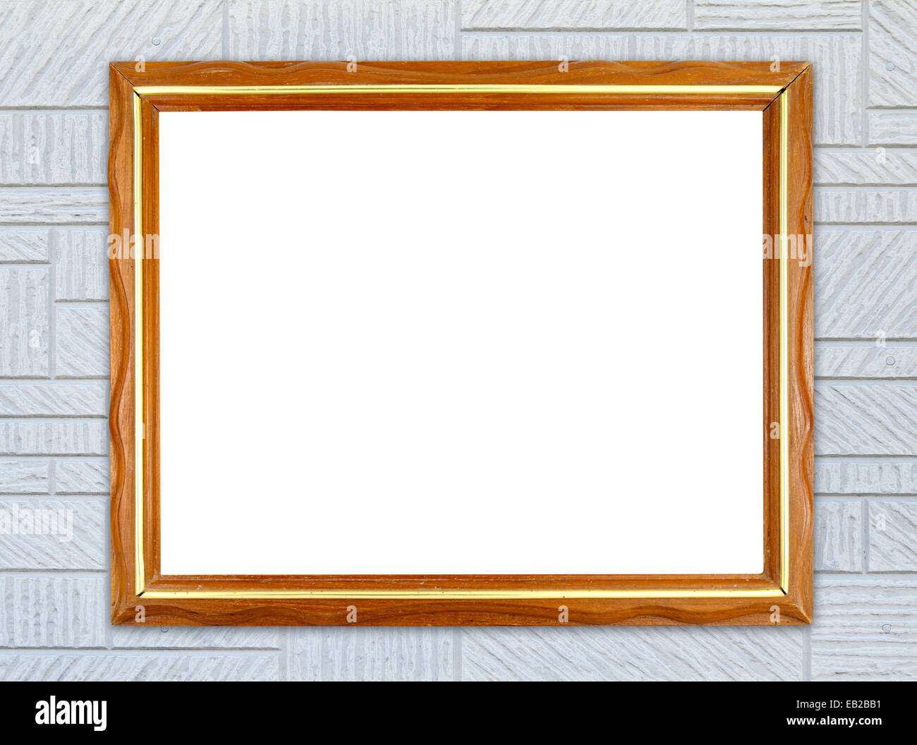 blank wood frame on modern rectangular texture wall background Stock