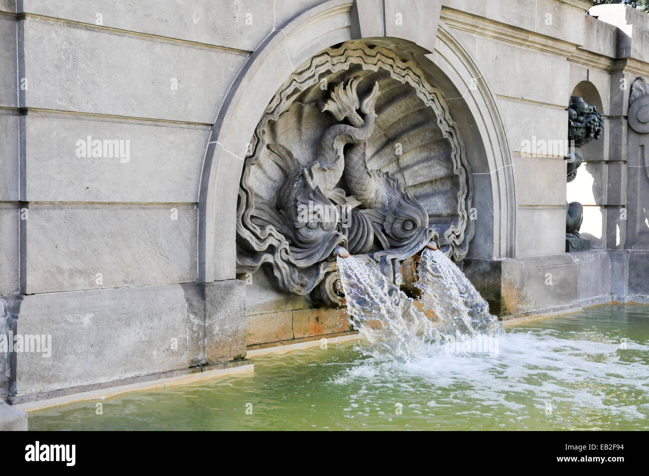 Fountain at Catalunya Square (Placa Catalunya), Barcelona, Spain Stock Photo