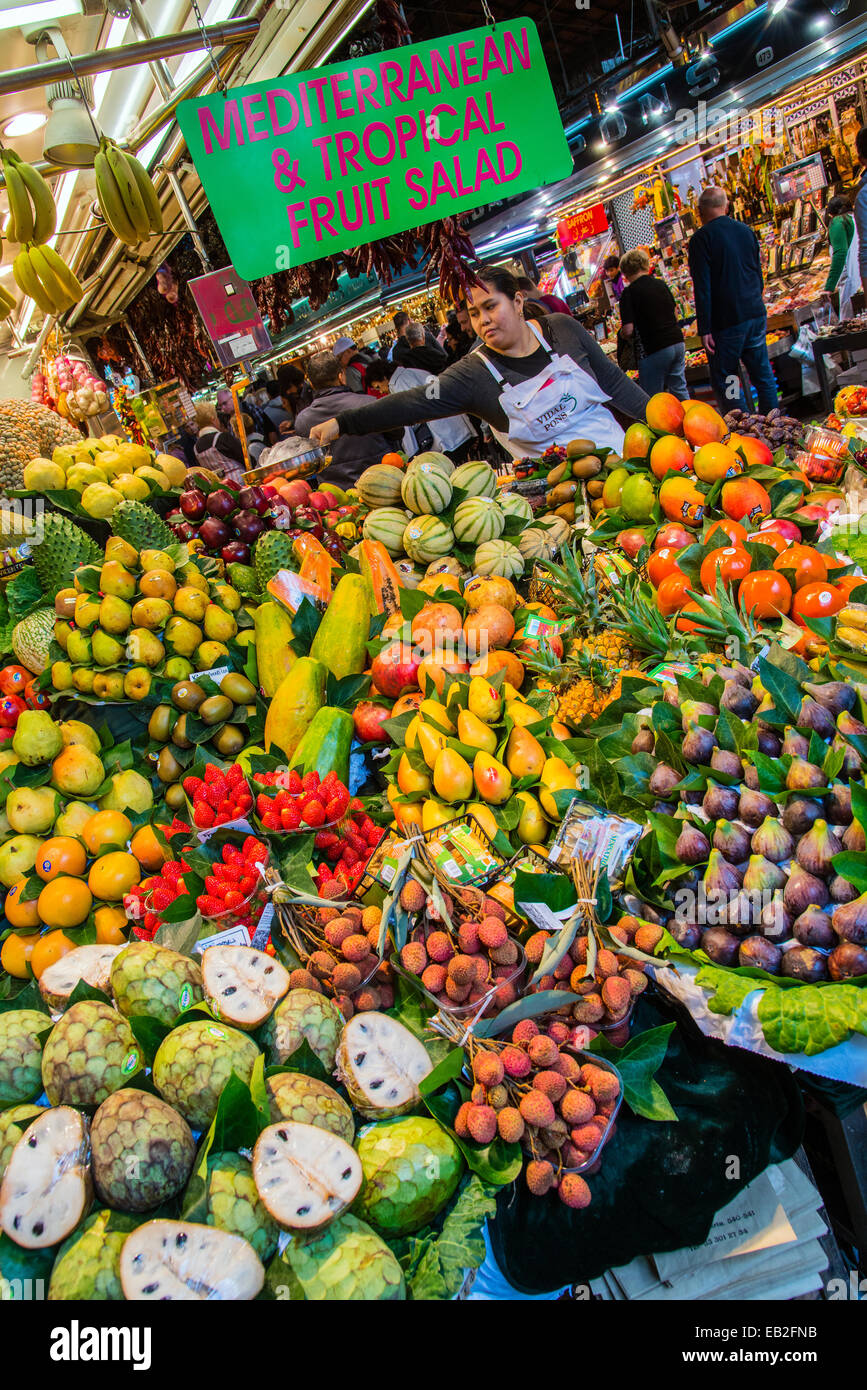 Fruit stall at Boqueria food market, Barcelona, Catalonia, Spain Stock Photo