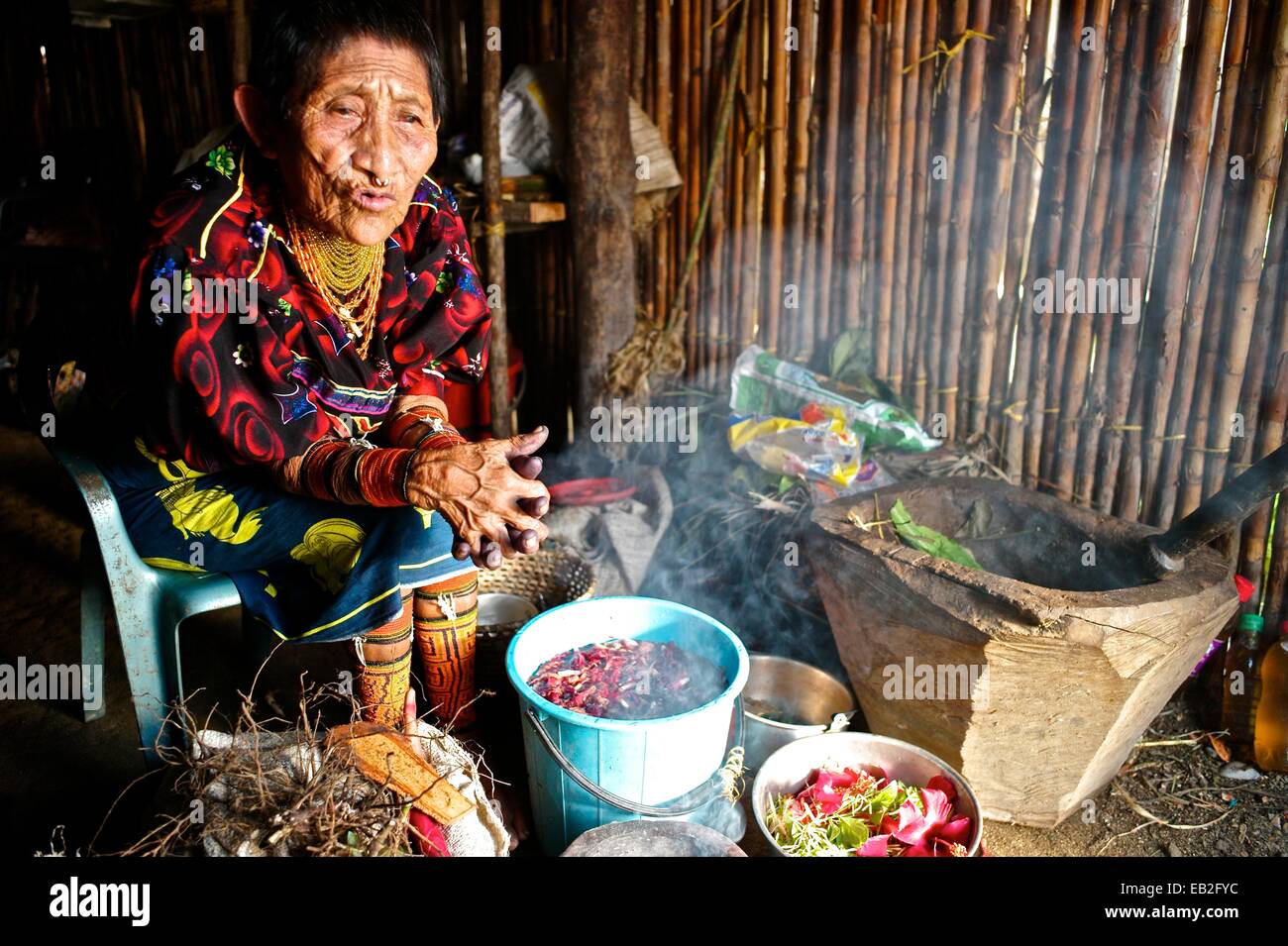 Ninety years old Cuna midwife crunches natural ingredients using a pestle and a mortar to produce traditional medicines. Stock Photo