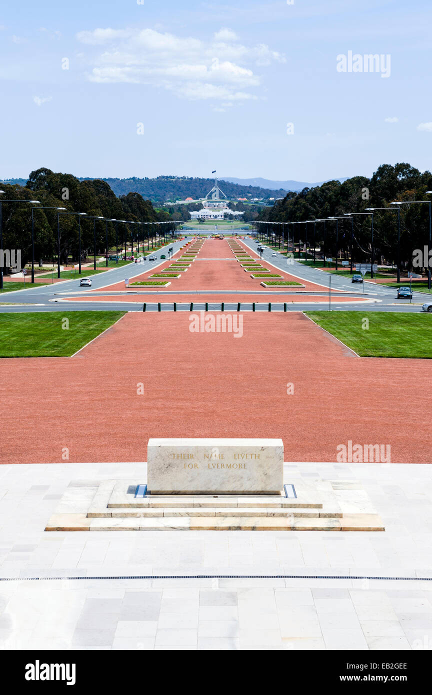 Looking down ANZAC Parade to Capital Hill and Parliament House from the entrance of the Australian War Memorial. Stock Photo