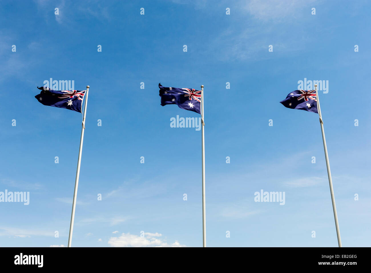 Australian flags billow in the wind at the Australian War Memorial. Stock Photo