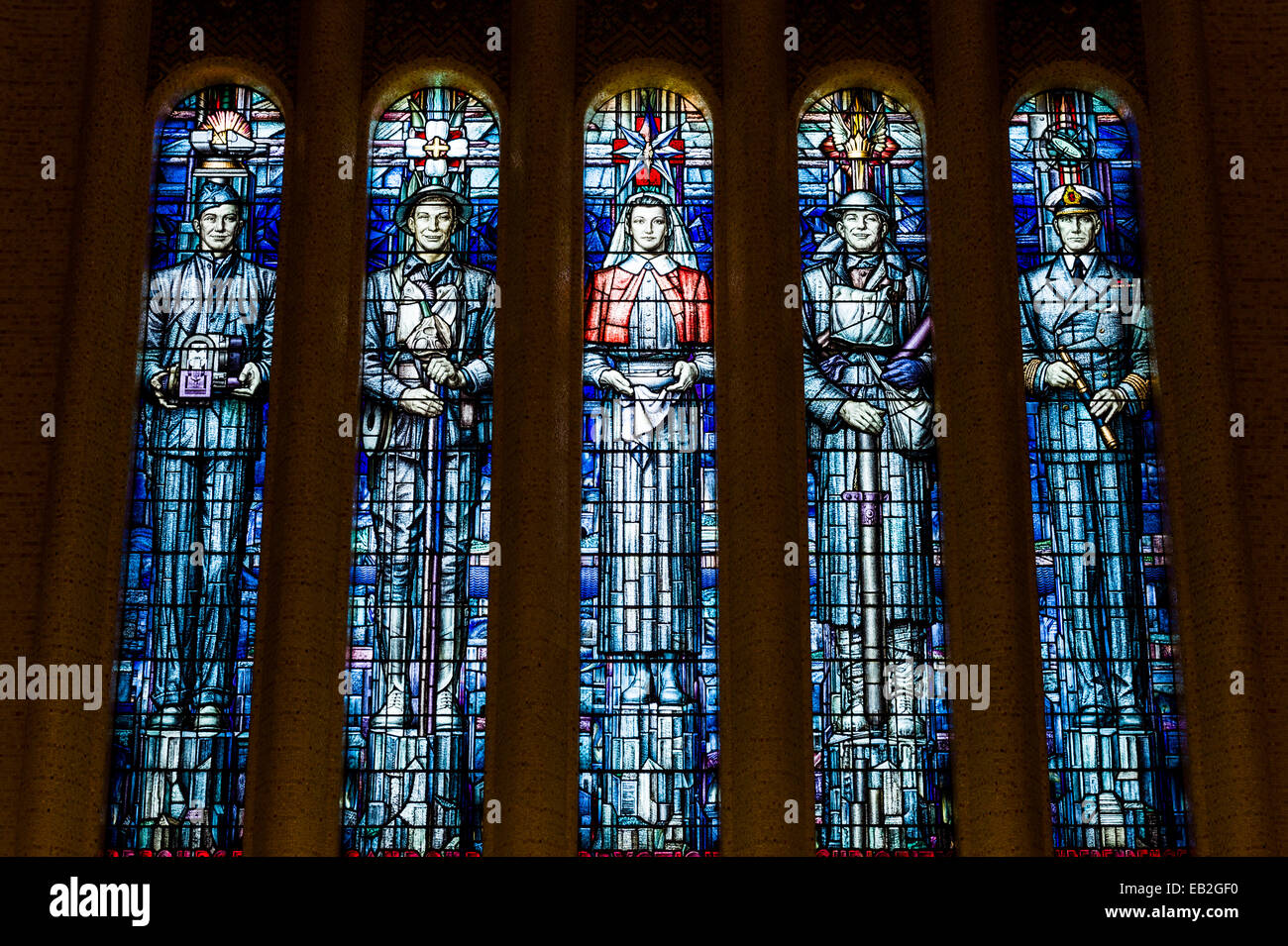 Stained glass windows in the Hall of Memory of the Australian War Memorial. Stock Photo