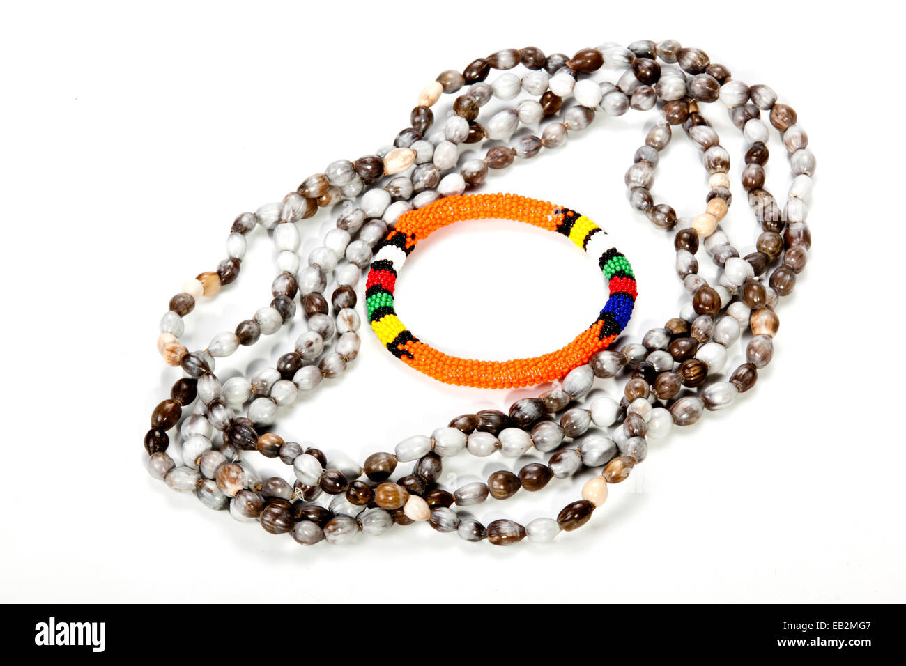 Zulu beaded necklace with bright orange armband Stock Photo
