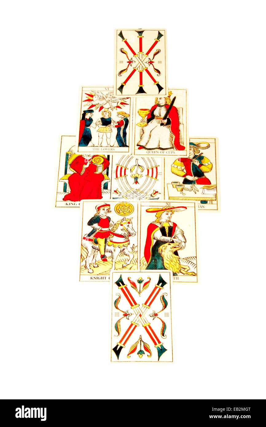 tarot cards set out in the mandala spread Stock Photo