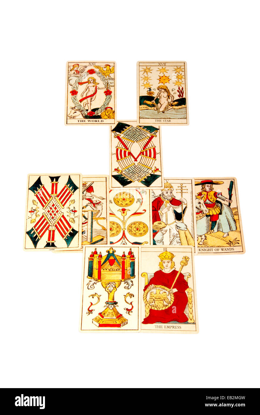 tarot cards set out in the relationship spread Stock Photo